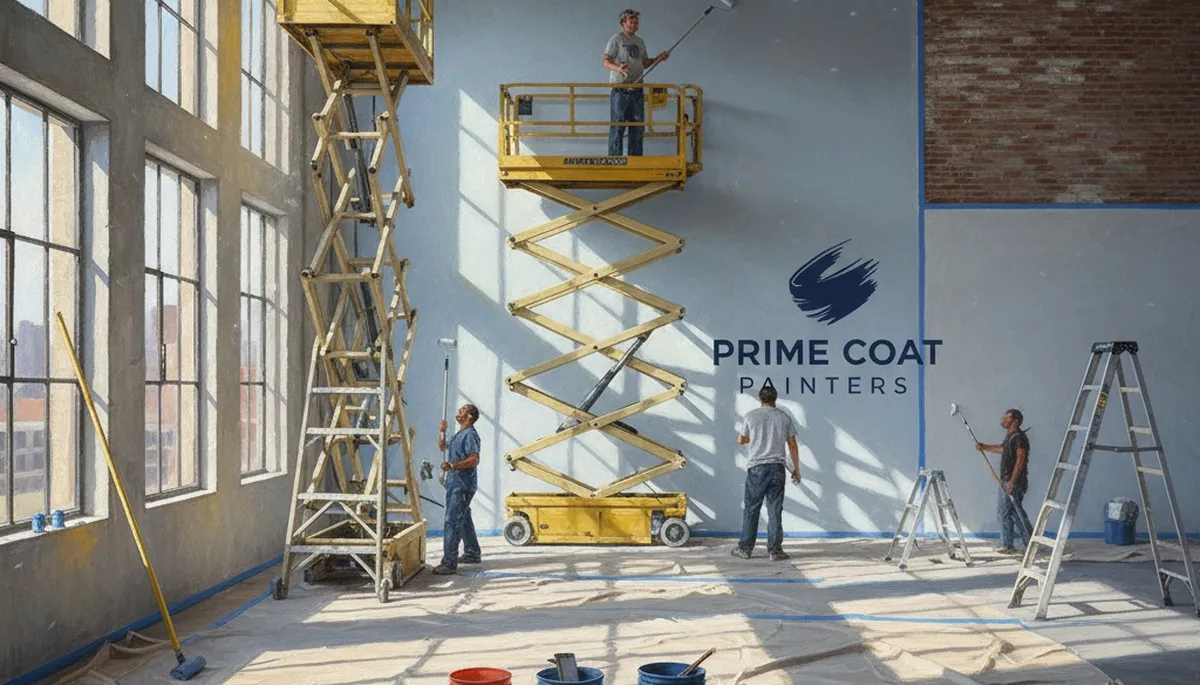 Commercial painting crew in Greensboro, NC applying durable exterior coatings to a commercial building