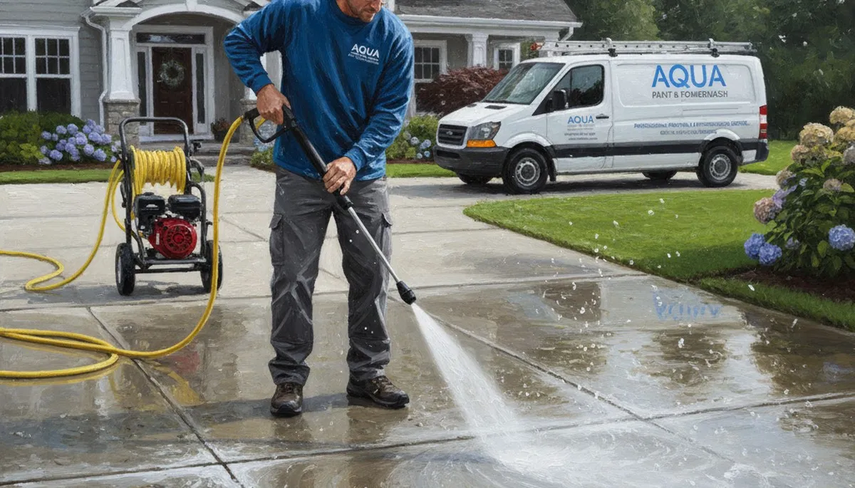 Concrete pressure cleaning service in Greensboro, NC removing grime from a driveway and patio