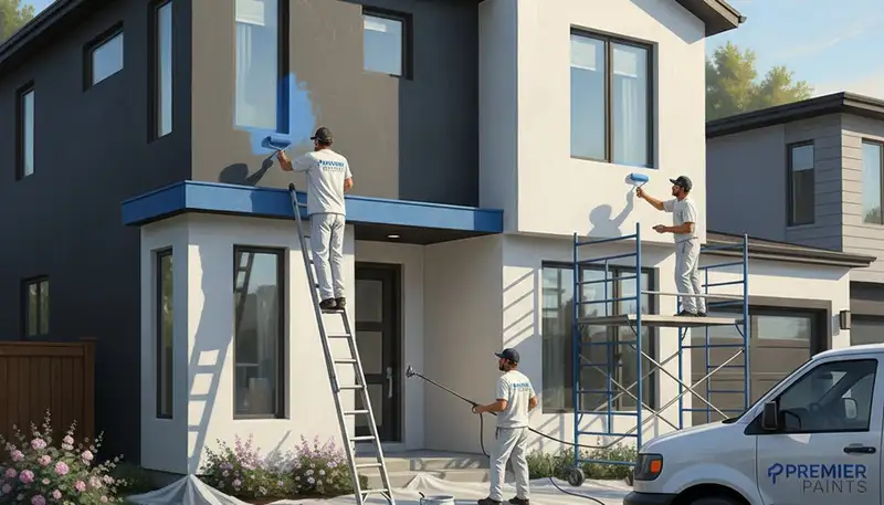 House painting crew in Greensboro, NC prepping home exterior for durable, professional finish