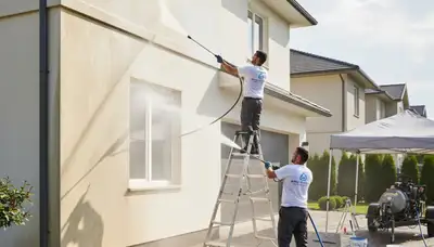Pressure washing exterior home in Greensboro, NC to remove pollen, algae, and grime