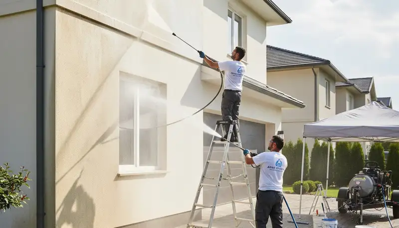 Pressure washing exterior home in Greensboro, NC to remove pollen, algae, and grime